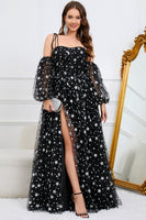 Load image into Gallery viewer, Tulle A-Line Spaghetti Straps Black Long Prom Dress with Stars