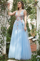 Load image into Gallery viewer, A-Line Blue Princess Prom Dress With Appliques