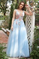 Load image into Gallery viewer, A-Line Blue Princess Prom Dress With Appliques