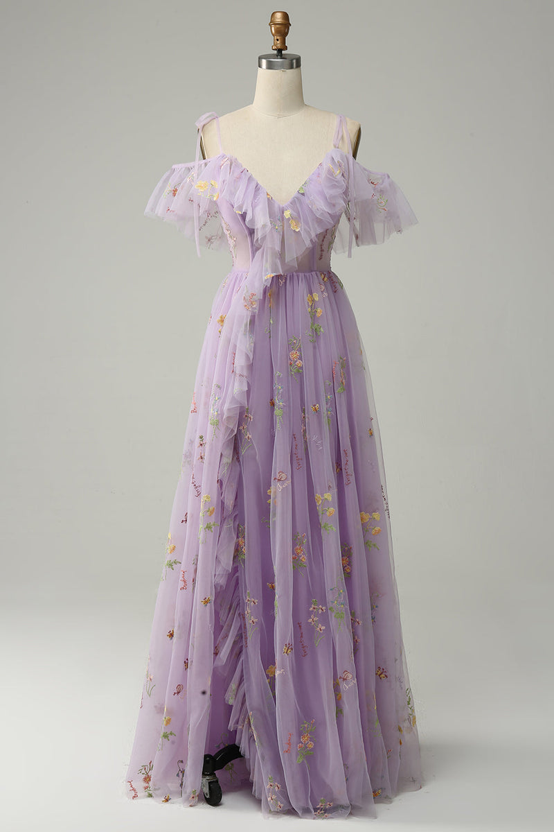 Load image into Gallery viewer, A-Line Spaghetti Straps Lavender Long Prom Dress with Embroidery