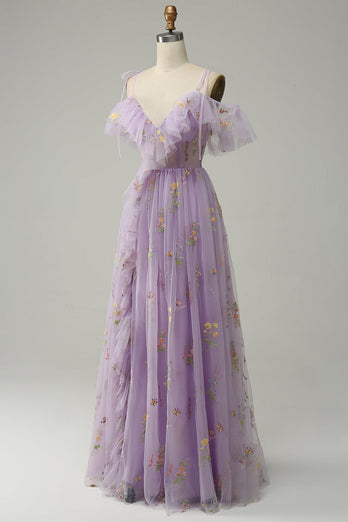 A-Line Spaghetti Straps Lavender Long Prom Dress with Embroidery