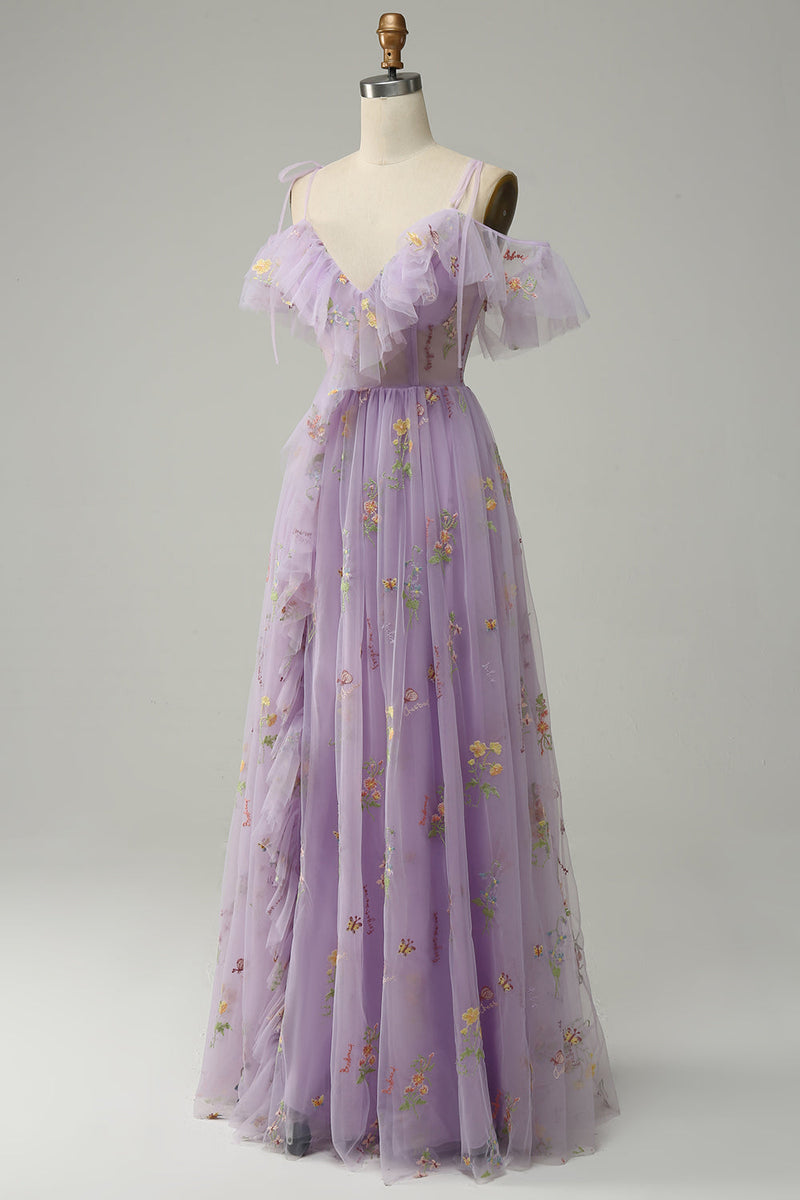 Load image into Gallery viewer, A-Line Spaghetti Straps Lavender Long Prom Dress with Embroidery