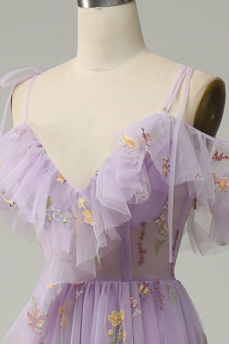 Load image into Gallery viewer, A-Line Spaghetti Straps Lavender Long Prom Dress with Embroidery