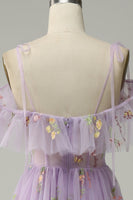 Load image into Gallery viewer, Spaghetti Straps Floral Lavender Long Prom Dress with Embroidery