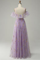 Load image into Gallery viewer, Spaghetti Straps Floral Lavender Long Prom Dress with Embroidery