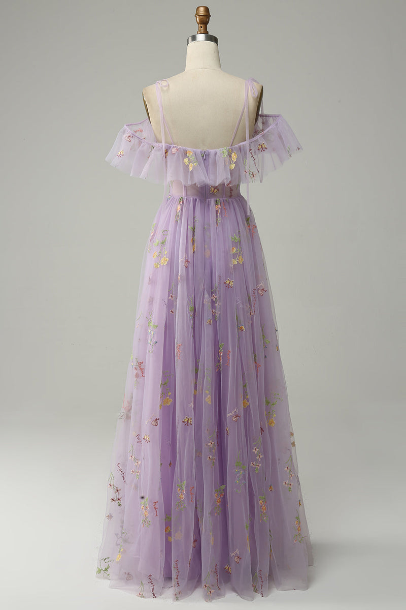 Load image into Gallery viewer, A-Line Spaghetti Straps Lavender Long Prom Dress with Embroidery