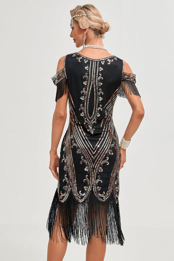 Green Sheath Off the Shoulder Sequins 1920s Dress With Tassels