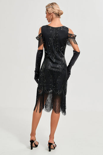 Green Sheath Off the Shoulder Sequins 1920s Dress With Tassels