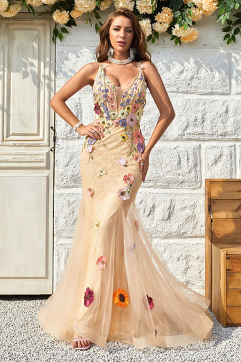 Deep V-Neck Champagne Long Prom Dress with Appliques
