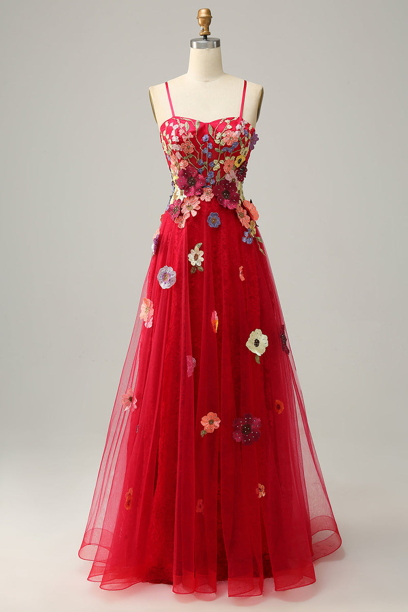 Load image into Gallery viewer, Spaghetti Straps Burgundy Ball Gown Dress with Embroidery