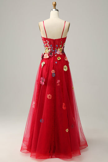 Spaghetti Straps Burgundy Ball Gown Dress with Embroidery