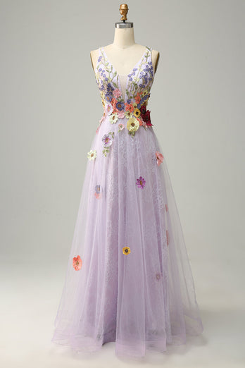 Tulle V-Neck Lavender Long Prom Dress with Embroidery