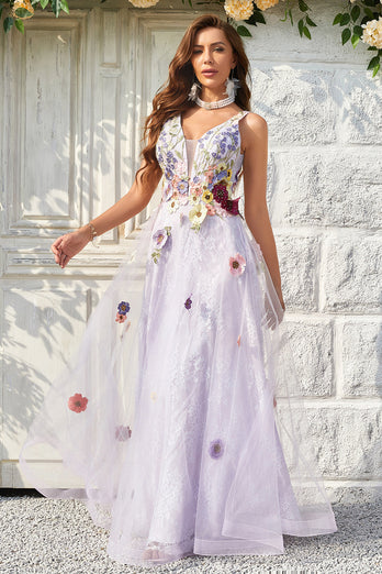 Tulle V-Neck Lavender Long Prom Dress with Embroidery