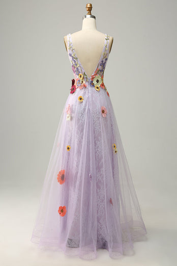 Tulle V-Neck Lavender Long Prom Dress with Embroidery