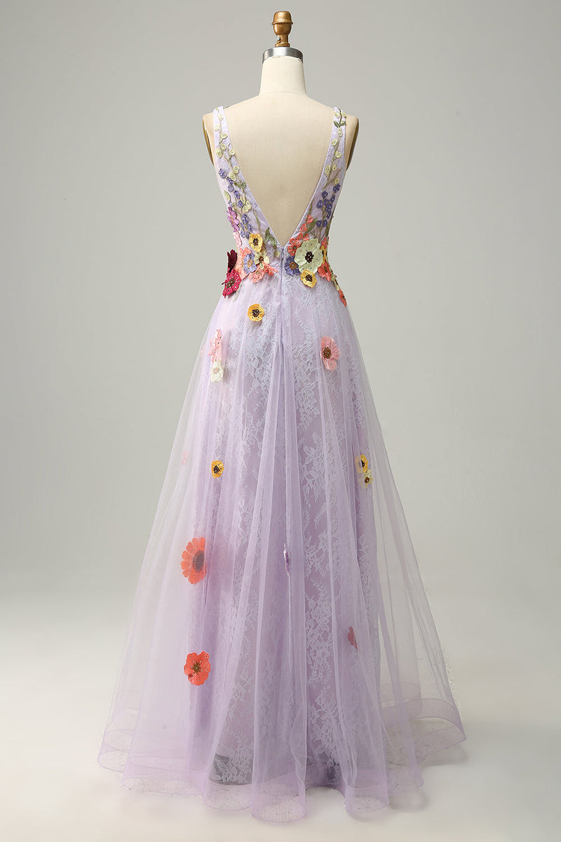 Load image into Gallery viewer, Tulle V-Neck Lavender Long Prom Dress with Embroidery