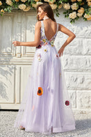 Load image into Gallery viewer, Tulle V-Neck Lavender Long Prom Dress with Embroidery
