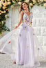 Load image into Gallery viewer, Tulle V-Neck Lavender Long Prom Dress with Embroidery