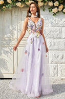 Load image into Gallery viewer, Tulle V-Neck Lavender Long Prom Dress with Embroidery