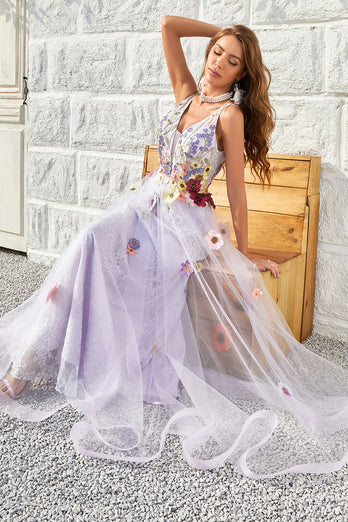 Tulle V-Neck Lavender Long Prom Dress with Embroidery