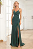 Load image into Gallery viewer, Spaghetti Straps Beaded Dark Green Long Prom Dress with Slit