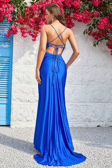 Sparkly V-Neck Royal Blue Long Prom Dress with Beading