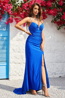Load image into Gallery viewer, Sparkly V-Neck Royal Blue Long Prom Dress with Beading