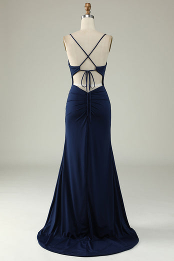 Spaghetti Straps Mermaid Navy Long Prom Dress with Slit