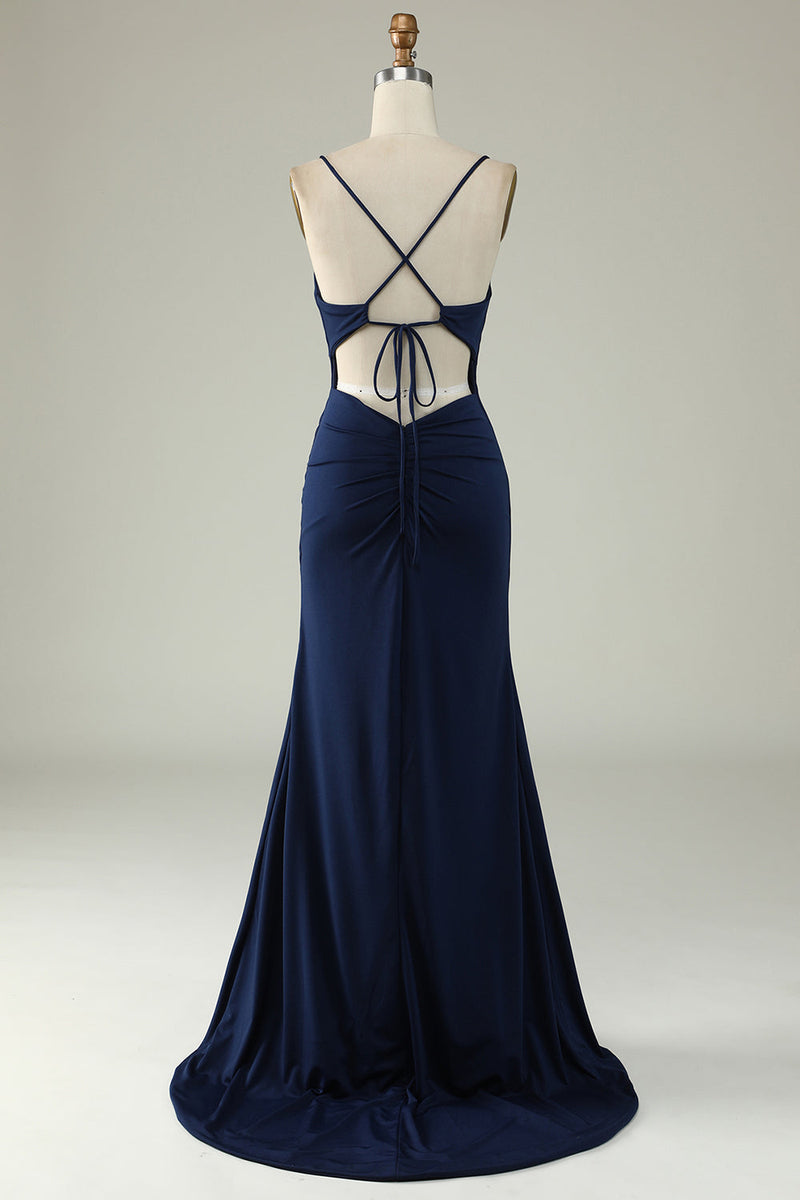 Load image into Gallery viewer, Spaghetti Straps Mermaid Navy Long Prom Dress with Slit