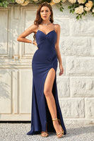 Load image into Gallery viewer, Spaghetti Straps Mermaid Navy Long Prom Dress with Slit