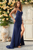 Load image into Gallery viewer, Spaghetti Straps Mermaid Navy Long Prom Dress with Slit