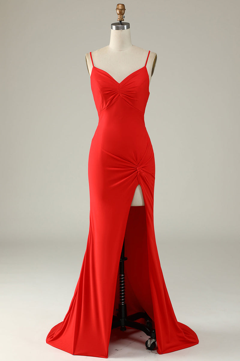 Load image into Gallery viewer, Spaghetti Straps Mermaid Navy Long Prom Dress with Slit