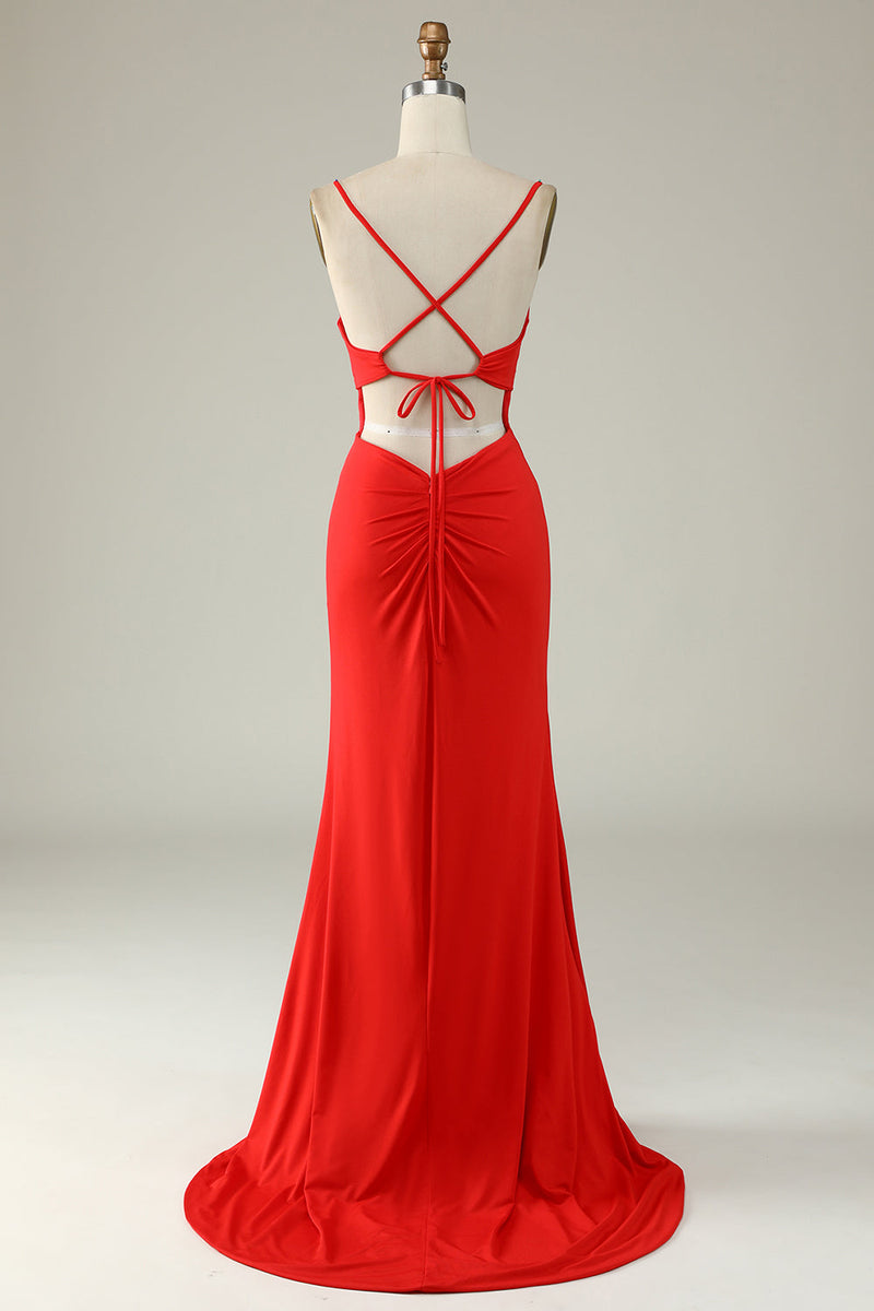 Load image into Gallery viewer, Spaghetti Straps Mermaid Navy Long Prom Dress with Slit