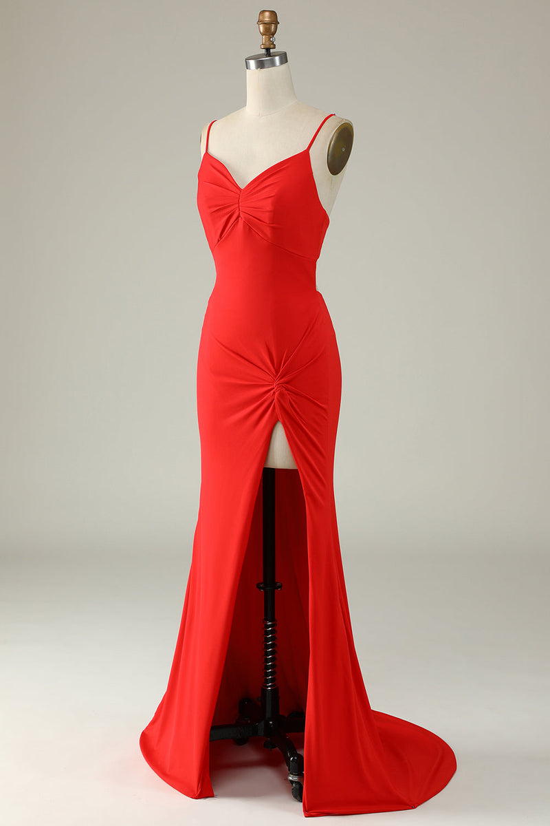 Load image into Gallery viewer, Spaghetti Straps Mermaid Navy Long Prom Dress with Slit