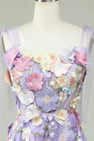 Load image into Gallery viewer, A Line Spaghetti Straps Blue Tea Length Prom Dress with 3D Flowers