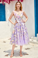 Load image into Gallery viewer, A Line Spaghetti Straps Blue Tea Length Prom Dress with 3D Flowers