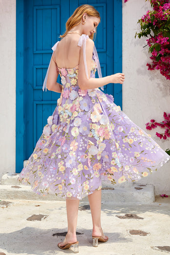 A Line Spaghetti Straps Blue Tea Length Prom Dress with 3D Flowers