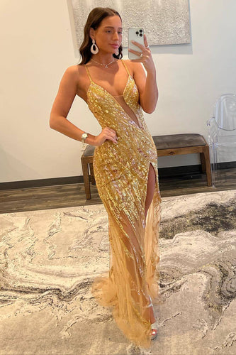 Spaghetti Straps Sparkly Golden Sequins Long Prom Dress with Slit