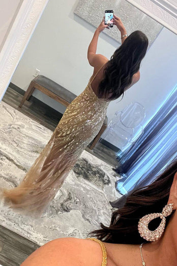 Spaghetti Straps Sparkly Golden Sequins Long Prom Dress with Slit