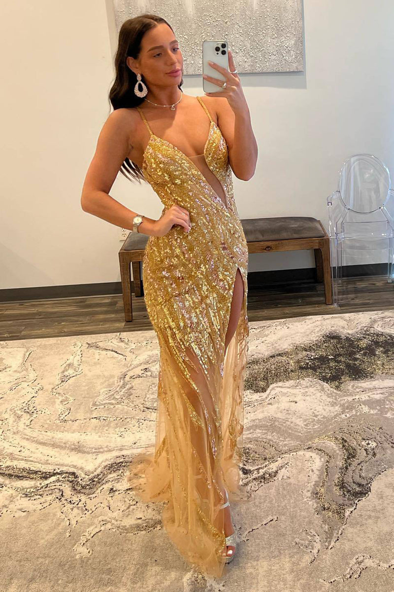 Load image into Gallery viewer, Spaghetti Straps Sparkly Golden Sequins Long Prom Dress with Slit