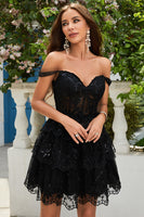 Load image into Gallery viewer, A Line Off the Shoulder Blue Corset Homecoming Dress with Lace