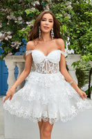 Load image into Gallery viewer, A Line Off the Shoulder Blue Corset Homecoming Dress with Lace