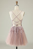 Load image into Gallery viewer, V-Neck Blush Beaded Short Prom Dress with Appliques