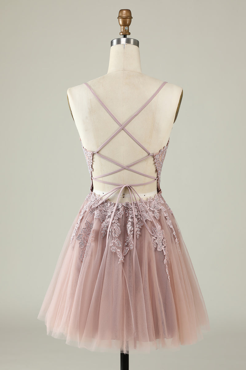 Load image into Gallery viewer, V-Neck Blush Beaded Short Prom Dress with Appliques