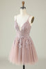 Load image into Gallery viewer, V-Neck Blush Beaded Short Prom Dress with Appliques