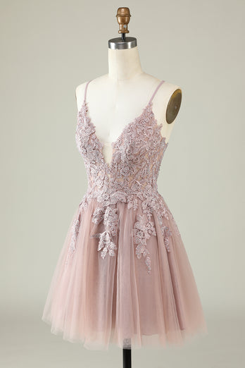 V-Neck Blush Beaded Short Prom Dress with Appliques