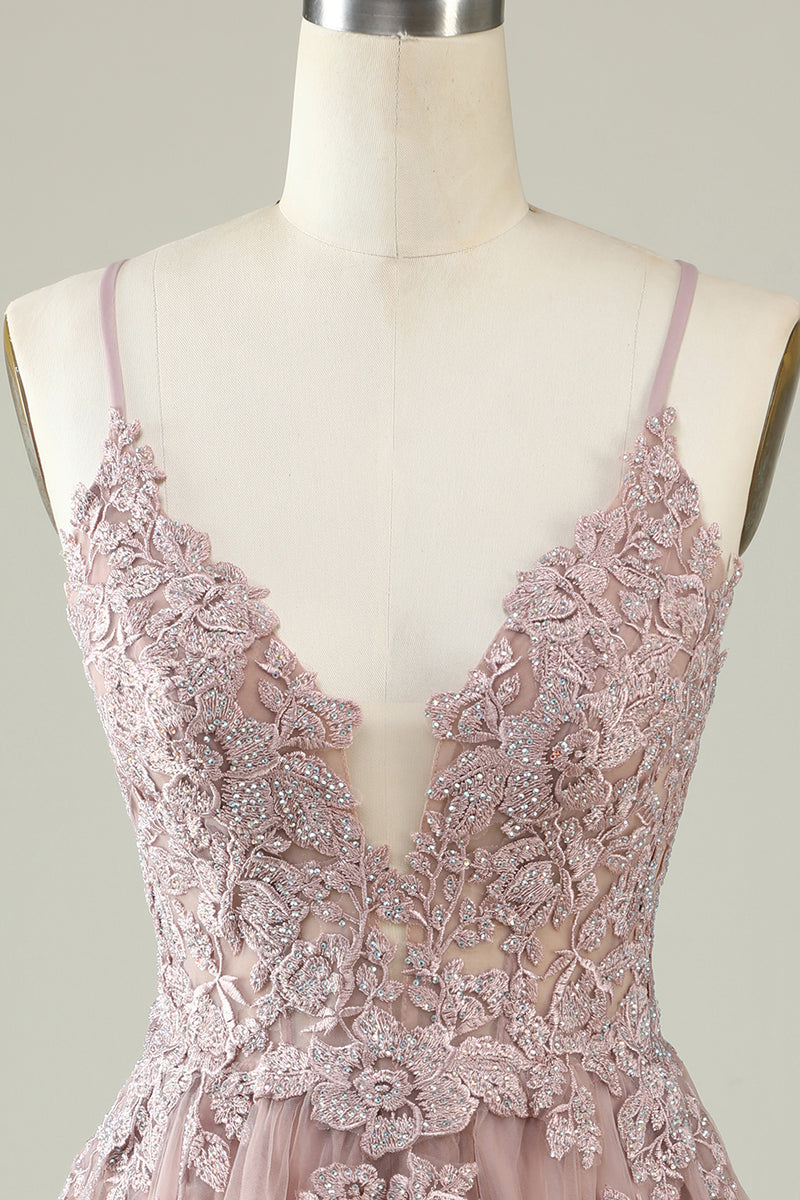 Load image into Gallery viewer, V-Neck Blush Beaded Short Prom Dress with Appliques