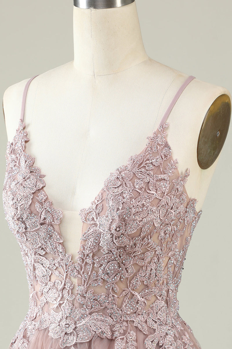 Load image into Gallery viewer, V-Neck Light Purple Beaded Short Prom Dress with Appliques
