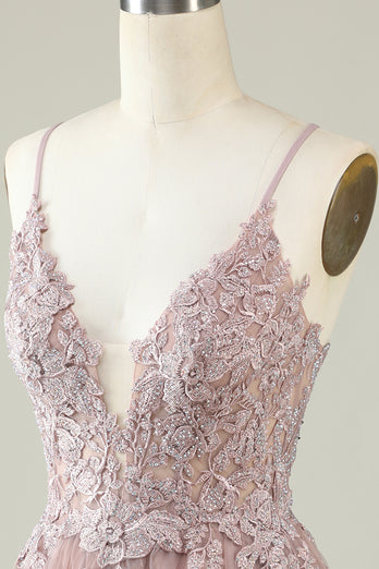 V-Neck Blush Beaded Short Prom Dress with Appliques