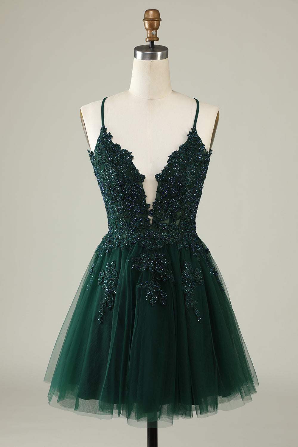 V-Neck Dark Green Beaded Short Prom Dress with Appliques