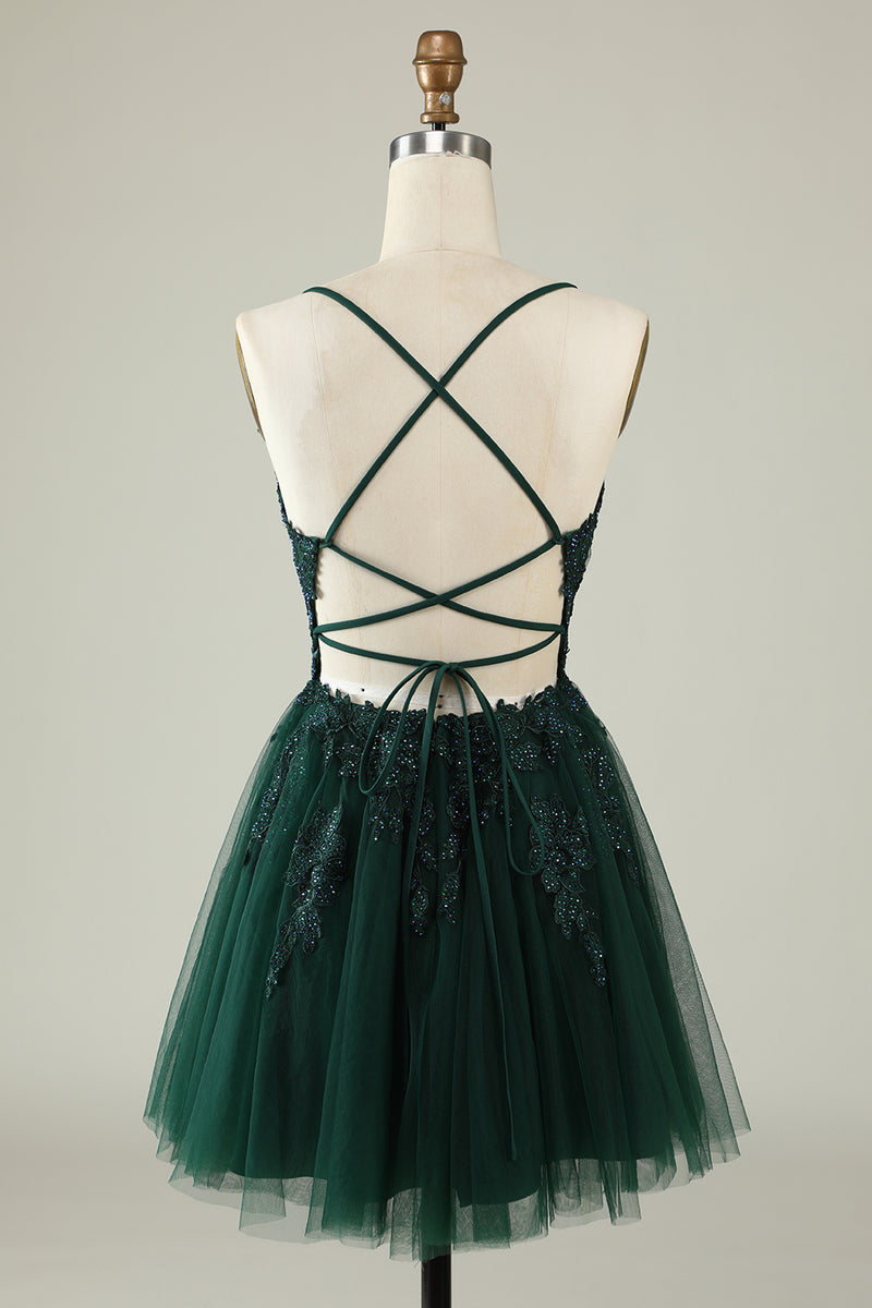 Load image into Gallery viewer, V-Neck Blush Beaded Short Prom Dress with Appliques